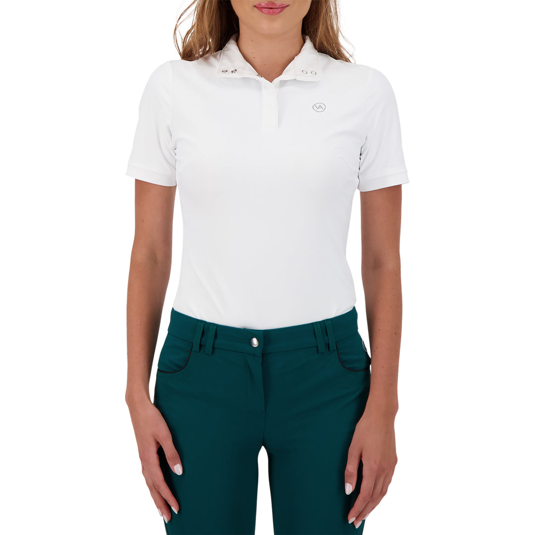 Modern Ladies Show Top with a cotton collar, made in a soft and sporty, technical material which provides the right amount of stretch. A comfortable and stylish show shirt which also breathes. Machine washable 
Teardrop Crystal on Back
Mesh under sleeve for venting
Breathable 
Cotton collar with press snaps
92% nylon and 8% spandex 
Quick Dry
Comfortable Fit