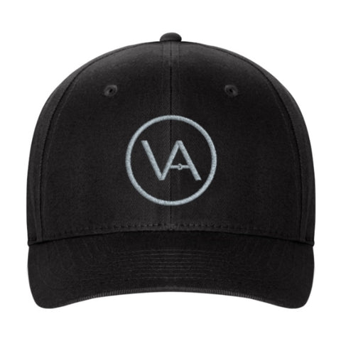 VA Logo Flexfit Structured Twill Cap - Official Vision Apparel Currently available in Black only.  VA logo in grey embroidery on the front 63/34/3 polyester/cotton/spandex twill Permacurv® visor with silver undervisor Fitted mid-profile cap with buckram backing Sewn eyelets