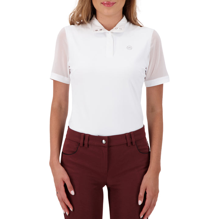 Modern Ladies Show Top with a cotton collar, made in a soft and sporty, technical material which provides the right amount of stretch. A comfortable and stylish show shirt which also breathes. Machine washable 

Teardrop Crystal on Back

Mesh under sleeve for venting

Breathable 

Cotton collar with press snaps

92% nylon and 8% spandex 

Quick Dry

Comfortable Fit