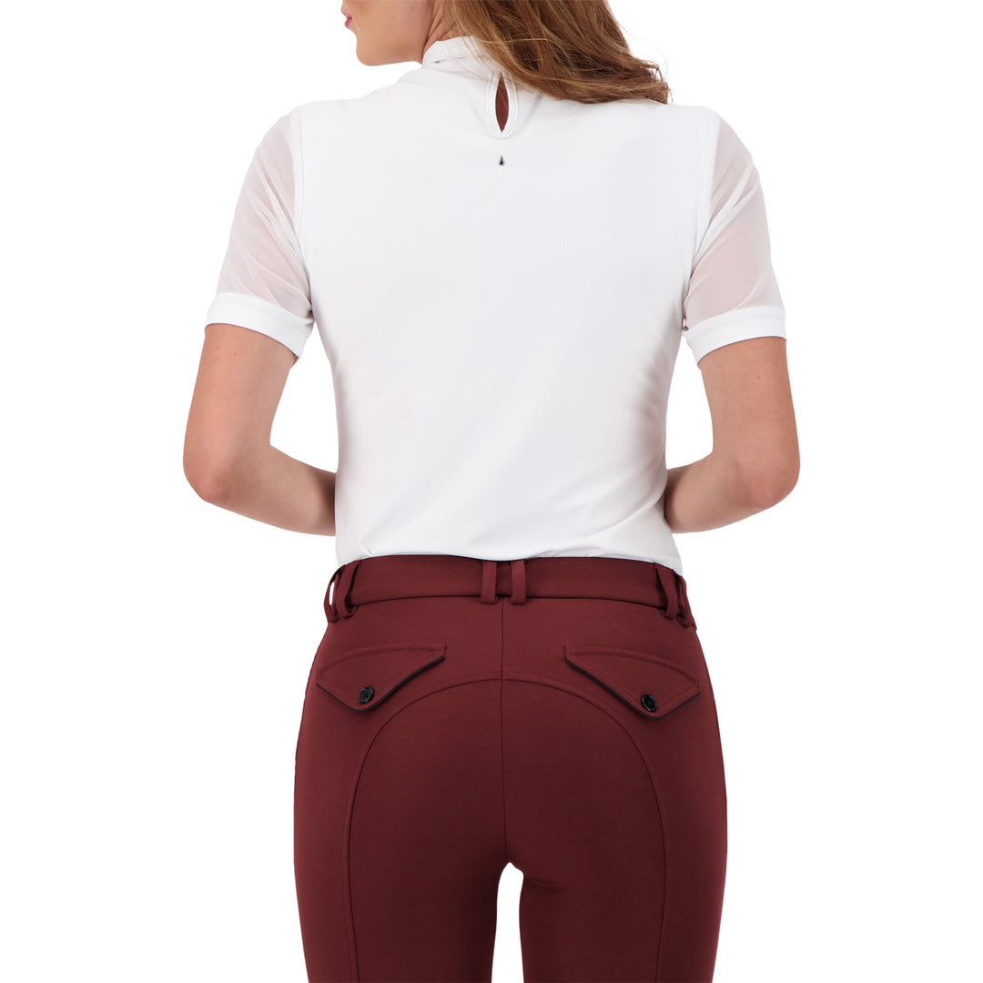 Modern Ladies Show Top with a cotton collar, made in a soft and sporty, technical material which provides the right amount of stretch. A comfortable and stylish show shirt which also breathes. Machine washable 

Teardrop Crystal on Back

Mesh under sleeve for venting

Breathable 

Cotton collar with press snaps

92% nylon and 8% spandex 

Quick Dry

Comfortable Fit