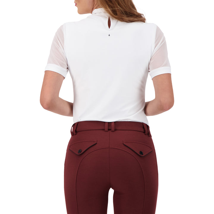 Modern Ladies Show Top with a cotton collar, made in a soft and sporty, technical material which provides the right amount of stretch. A comfortable and stylish show shirt which also breathes. Machine washable 

Teardrop Crystal on Back

Mesh under sleeve for venting

Breathable 

Cotton collar with press snaps

92% nylon and 8% spandex 

Quick Dry

Comfortable Fit