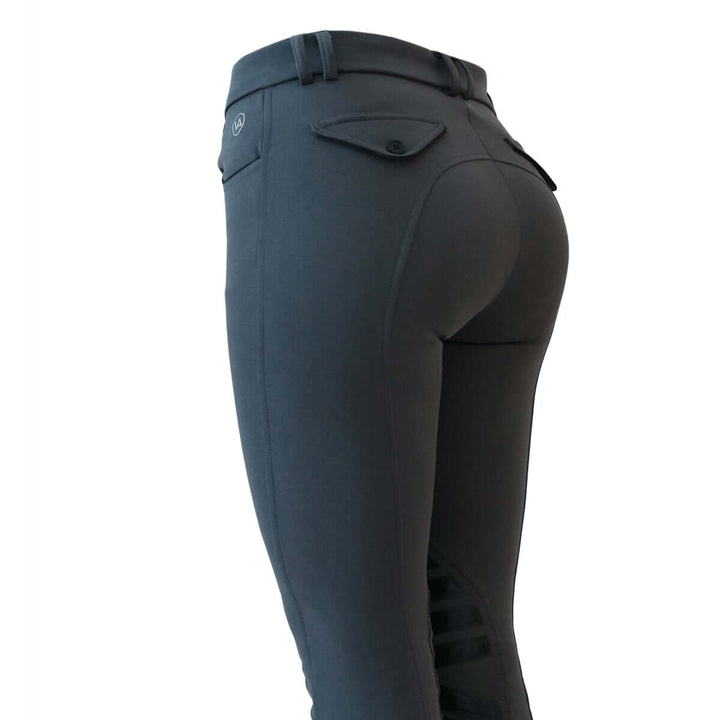 Stretch microfibre fabric for the most flattering fit on many body types. Keep their shape and don't fade out. Ride after ride, wash after wash.
Grip knee patches for maximum grip and comfort.
Silicone logo printing on the inside of the waistband to help breeches stay in place and shirts tucked in.
Comfort sock bottom to prevent rubbing around the ankle.
Contrast piping on front and rear pockets.