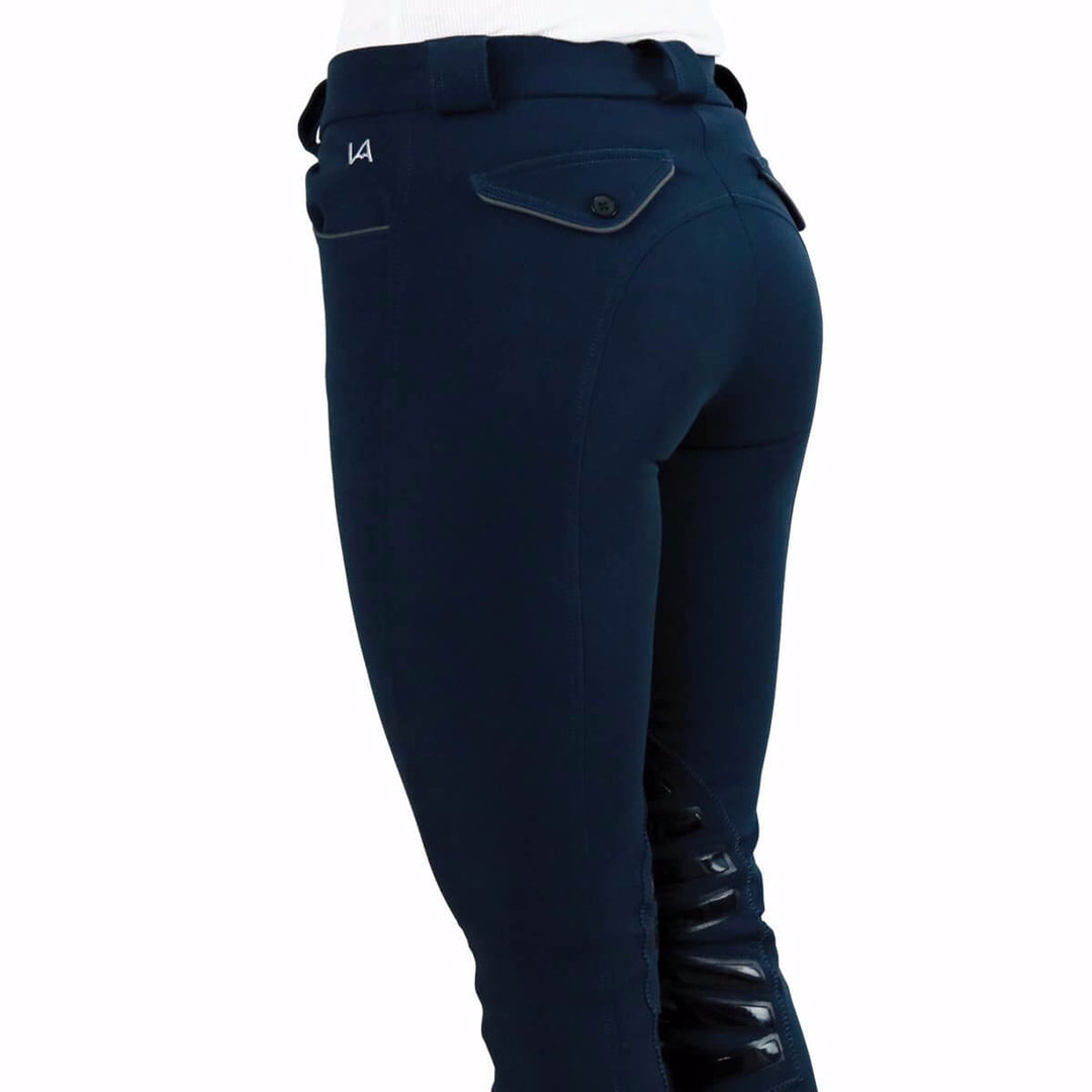 Stretch microfibre fabric for the most flattering fit on many body types. Keep their shape and don't fade out. Ride after ride, wash after wash.
Grip knee patches for maximum grip and comfort.
Silicone logo printing on the inside of the waistband to help breeches stay in place and shirts tucked in.
Comfort sock bottom to prevent rubbing around the ankle.
Contrast piping on front and rear pockets.