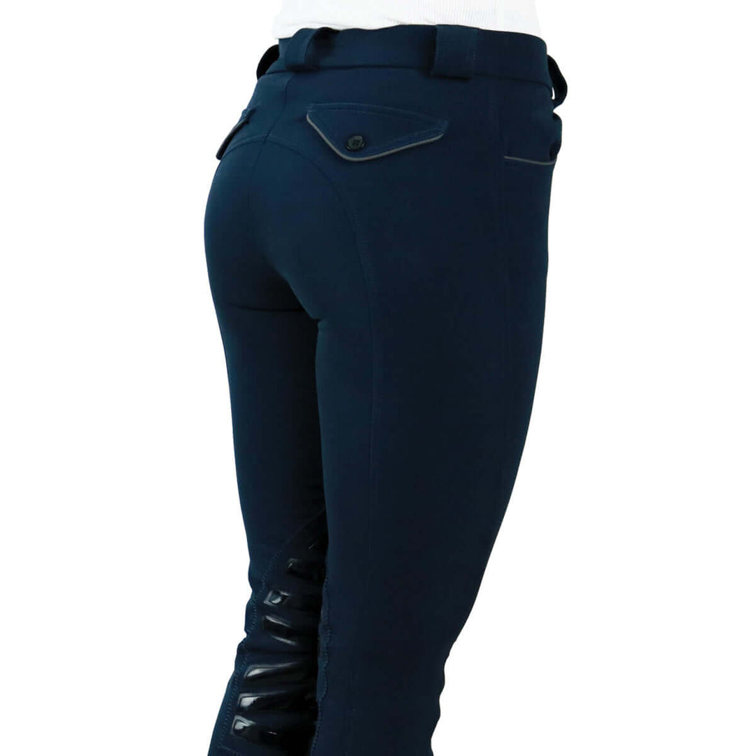 Stretch microfibre fabric for the most flattering fit on many body types. Keep their shape and don't fade out. Ride after ride, wash after wash.
Grip knee patches for maximum grip and comfort.
Silicone logo printing on the inside of the waistband to help breeches stay in place and shirts tucked in.
Comfort sock bottom to prevent rubbing around the ankle.
Contrast piping on front and rear pockets.