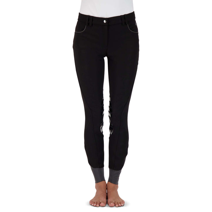 Stretch microfibre fabric for the most flattering fit on many body types. Keep their shape and don't fade out. Ride after ride, wash after wash.
Grip knee patches for maximum grip and comfort.
Silicone logo printing on the inside of the waistband to help breeches stay in place and shirts tucked in.
Comfort sock bottom to prevent rubbing around the ankle.
Contrast piping on front and rear pockets.