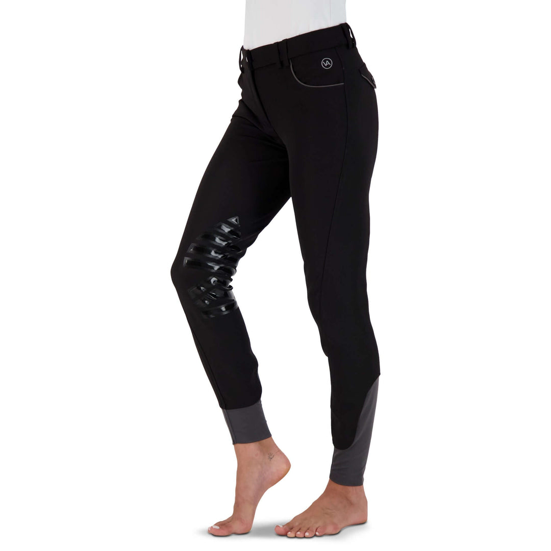 Stretch microfibre fabric for the most flattering fit on many body types. Keep their shape and don't fade out. Ride after ride, wash after wash.
Grip knee patches for maximum grip and comfort.
Silicone logo printing on the inside of the waistband to help breeches stay in place and shirts tucked in.
Comfort sock bottom to prevent rubbing around the ankle.
Contrast piping on front and rear pockets.