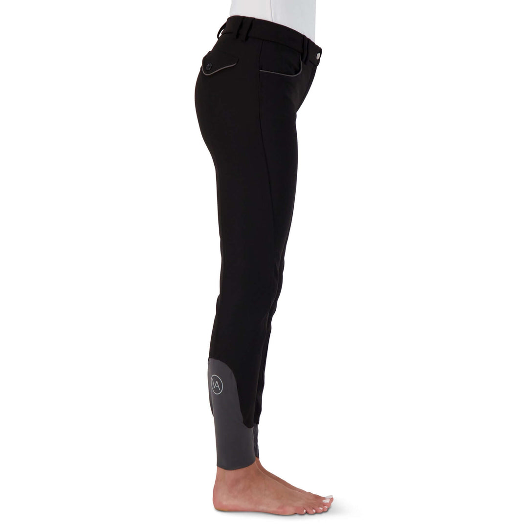 Stretch microfibre fabric for the most flattering fit on many body types. Keep their shape and don't fade out. Ride after ride, wash after wash.
Grip knee patches for maximum grip and comfort.
Silicone logo printing on the inside of the waistband to help breeches stay in place and shirts tucked in.
Comfort sock bottom to prevent rubbing around the ankle.
Contrast piping on front and rear pockets.