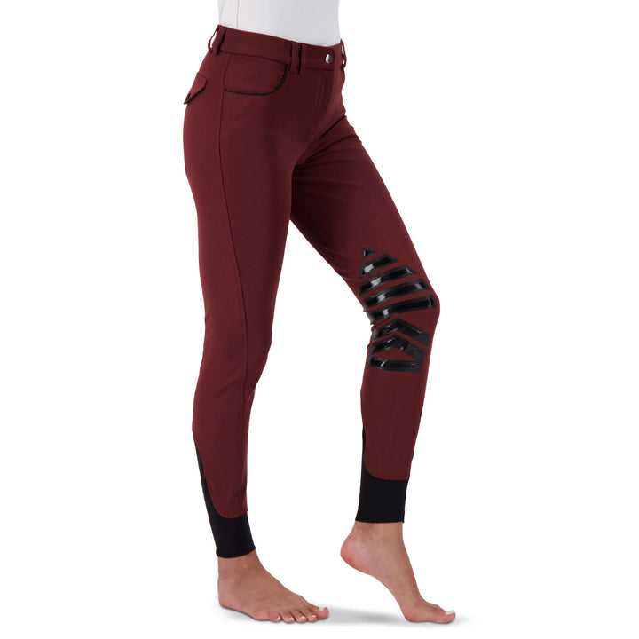 Stretch microfibre fabric for the most flattering fit on many body types. Keep their shape and don't fade out. Ride after ride, wash after wash.
Grip knee patches for maximum grip and comfort.
Silicone logo printing on the inside of the waistband to help breeches stay in place and shirts tucked in.
Comfort sock bottom to prevent rubbing around the ankle.
Contrast piping on front and rear pockets.