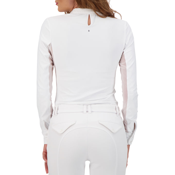 Modern Ladies Show Top with a cotton collar, made in a soft and sporty, technical material which provides the right amount of stretch. A comfortable and stylish show shirt which also breathes. Machine washable 

Teardrop Crystal on Back

Mesh under sleeve for venting

Breathable 

Cotton collar with press snaps

92% nylon and 8% spandex 

Quick Dry

Comfortable Fit
